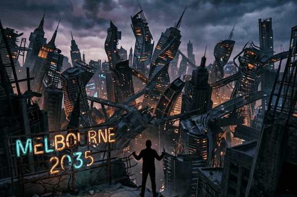 Silhouette of person standing on ruined building amidst twisted skyscrapers under stormy sky