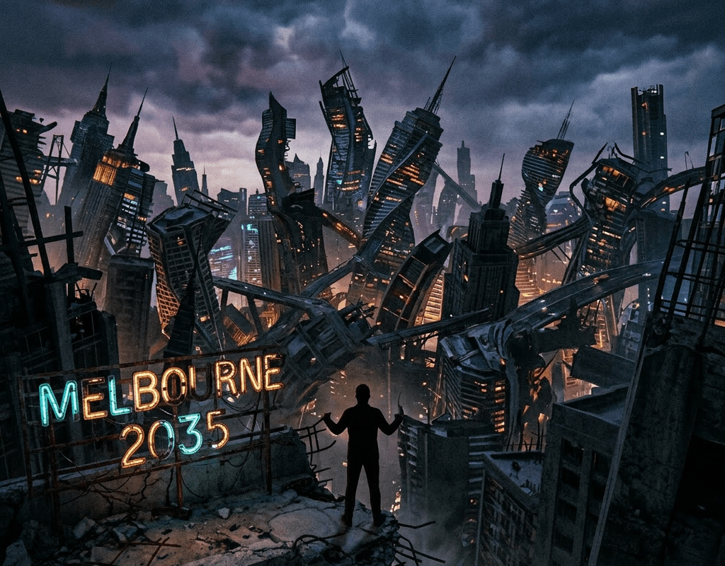 Silhouette of person standing on ruined building amidst twisted skyscrapers under stormy sky