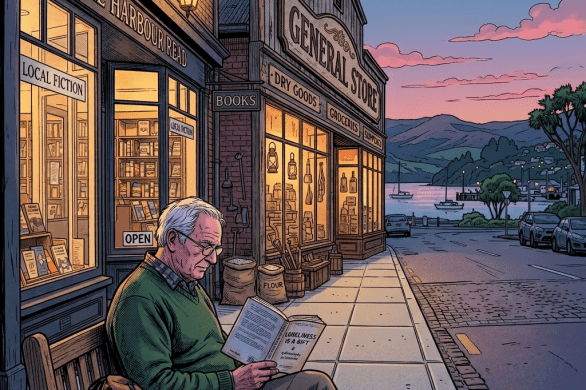 Elderly man sitting on bench reading book outside bookstore in the evening