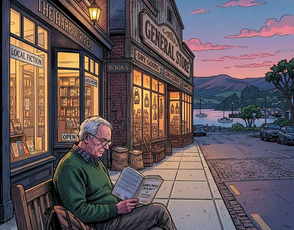 Elderly man sitting on bench reading book outside bookstore in the evening