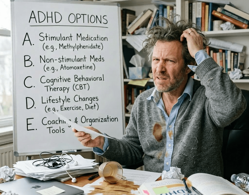 Whiteboard listing ADHD treatment options and a man looking puzzled in a home office