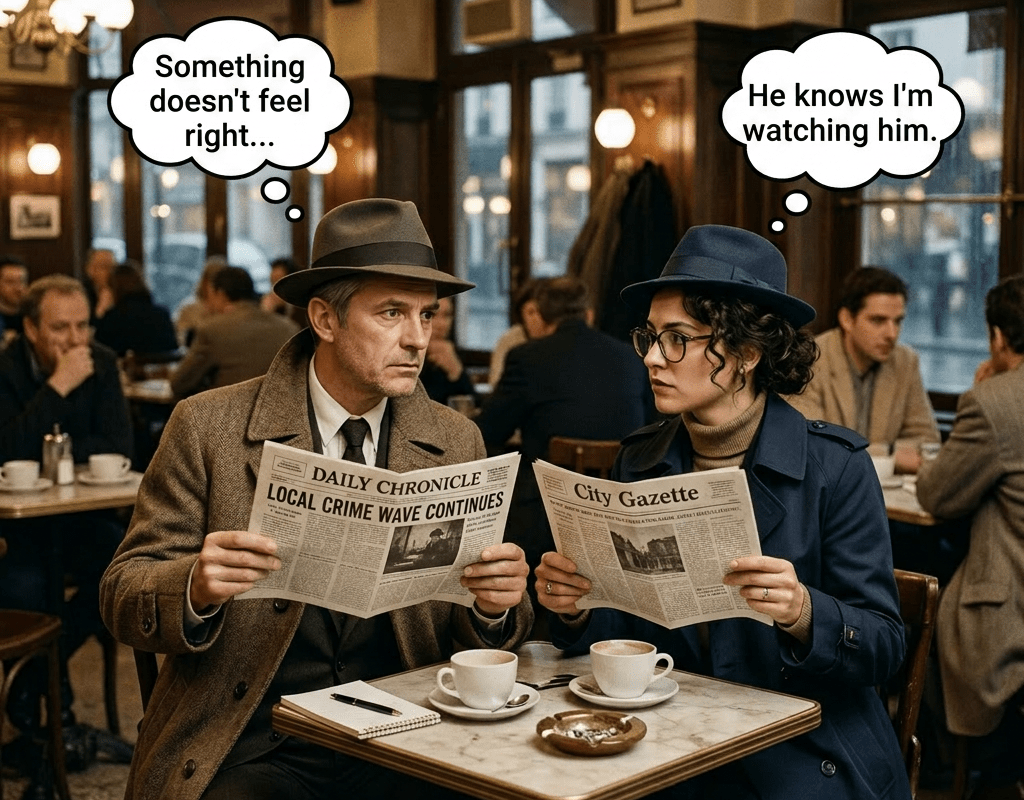 Two people in vintage attire reading newspapers in a busy café.