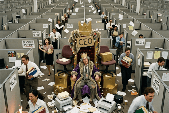 Stressed CEO in crown and robe sits on throne surrounded by messy office with panicked employees running and papers flying