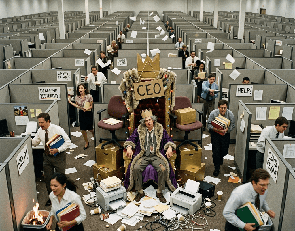Stressed CEO in crown and robe sits on throne surrounded by messy office with panicked employees running and papers flying