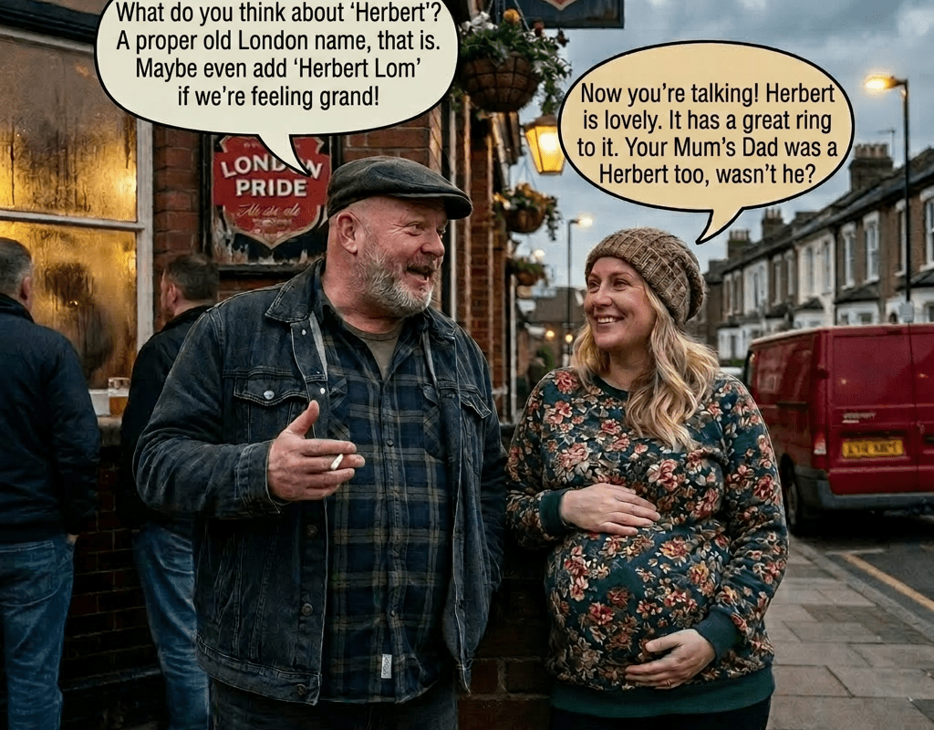Man and pregnant woman talking outside a London pub with speech bubbles
