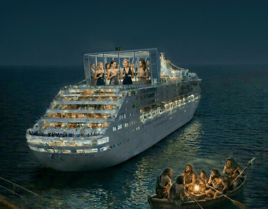 Illuminated cruise ship named Aurora Star near shore at night with two people in a small boat speaking using a megaphone