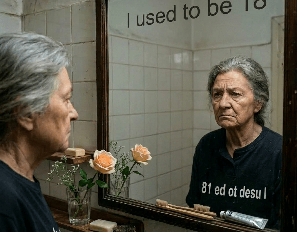 Young woman looking sad at a cracked mirror reflecting an older smiling woman