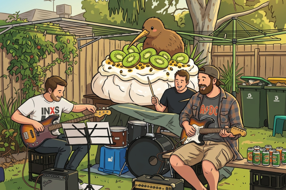 Three men playing electric guitar, bass, and drums in a backyard