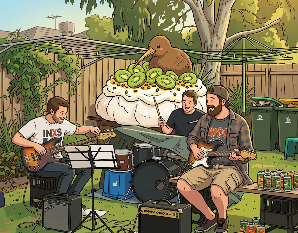 Three men playing electric guitar, bass, and drums in a backyard