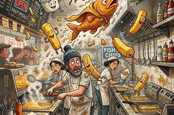 Busy fish and chips kitchen with animated fish, chips, lemon, tartar sauce, and pea characters
