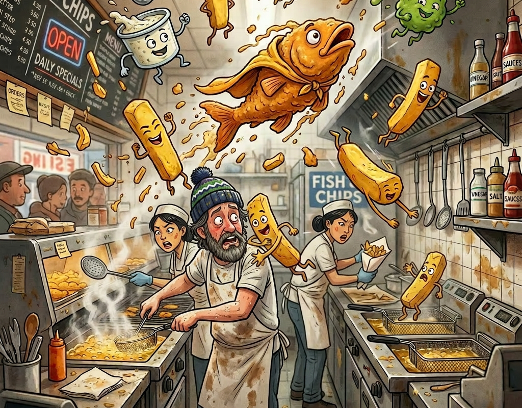 Busy fish and chips kitchen with animated fish, chips, lemon, tartar sauce, and pea characters