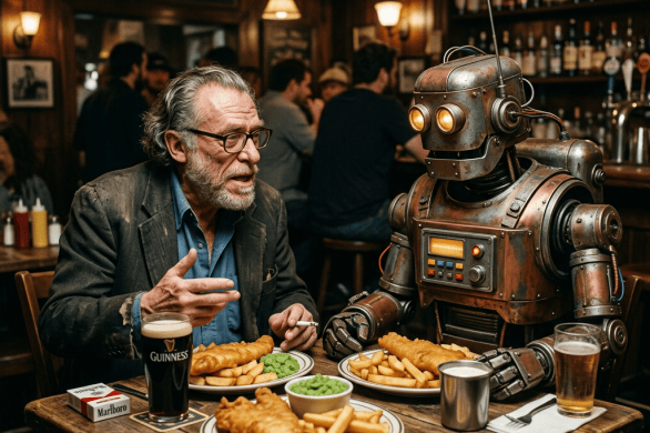 Elderly man and robot sitting at a wooden table eating fish and chips with drinks in a traditional pub