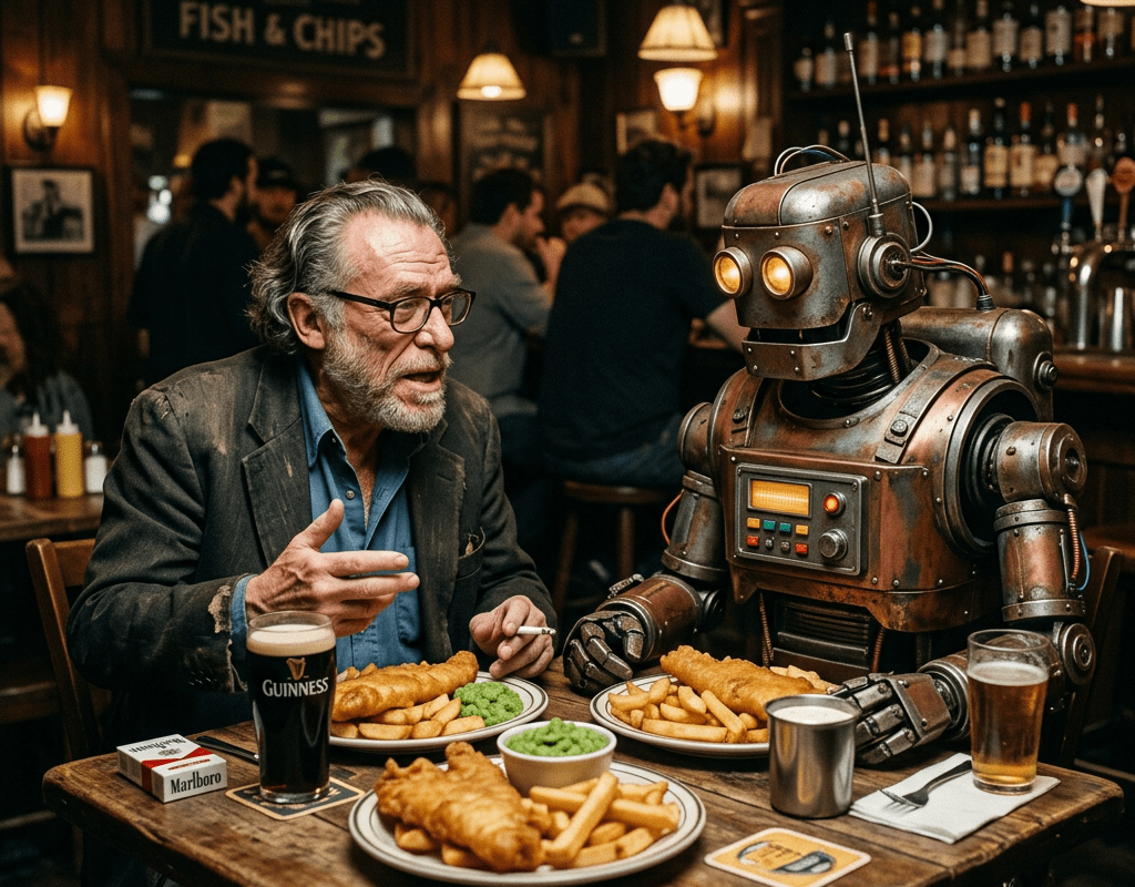 Elderly man and robot sitting at a wooden table eating fish and chips with drinks in a traditional pub