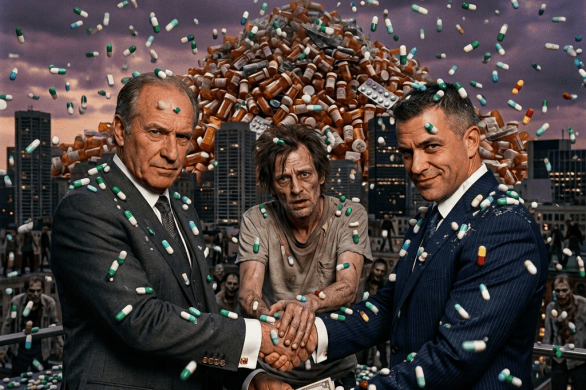 Two men in suits shaking hands exchanging money with a pile of prescription medication bottles in the background