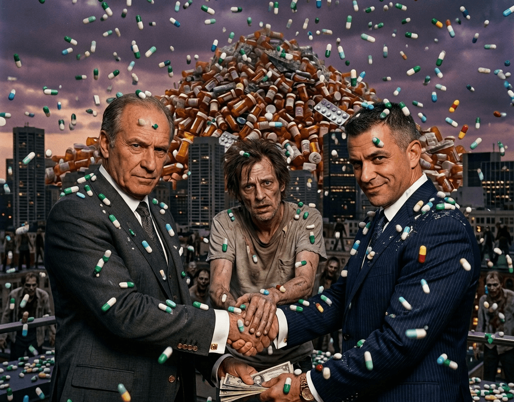Two men in suits shaking hands exchanging money with a pile of prescription medication bottles in the background