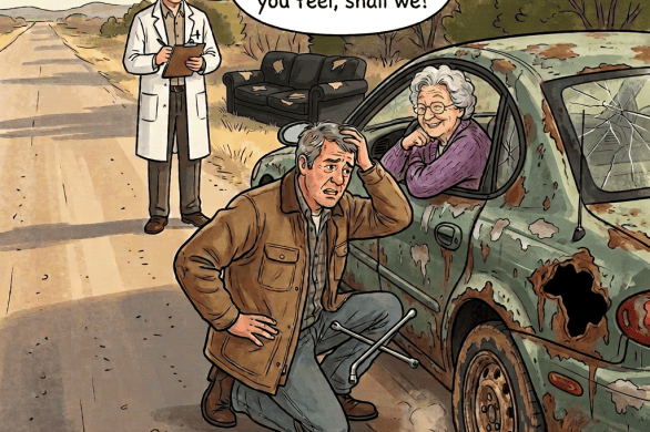Man kneeling by car flat tire, woman in driver's seat, man walking with notepad
