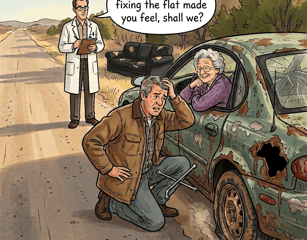 Man kneeling by car flat tire, woman in driver's seat, man walking with notepad