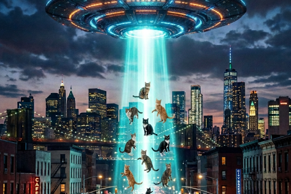UFO hovering over city street abducting cats with glowing blue beam and speech bubble