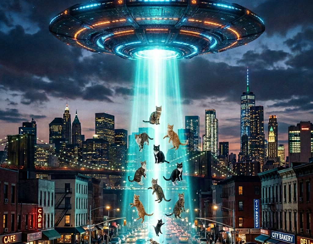 UFO hovering over city street abducting cats with glowing blue beam and speech bubble