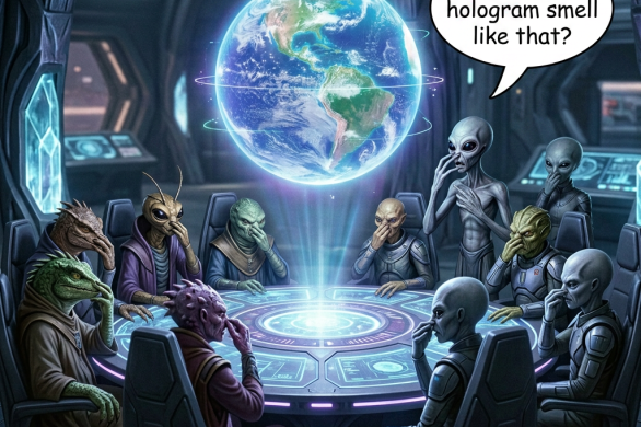 Different alien species sitting around a table with a holographic Earth in the center