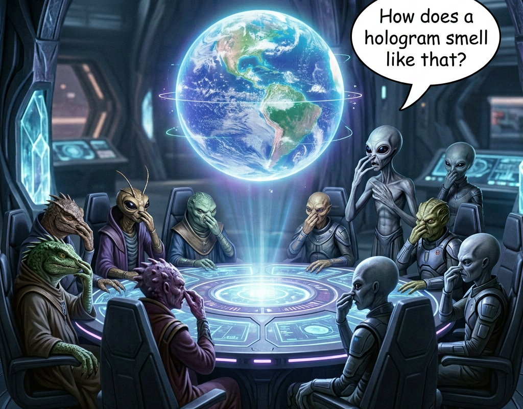 Different alien species sitting around a table with a holographic Earth in the center