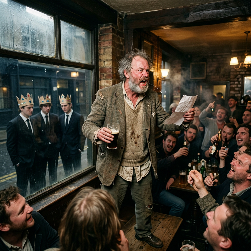 Older man shouting passionately with a pint and paper in a crowded pub