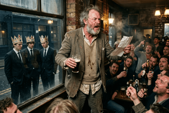 Older man shouting passionately with a pint and paper in a crowded pub