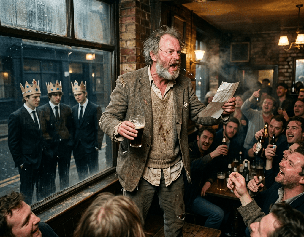 Older man shouting passionately with a pint and paper in a crowded pub