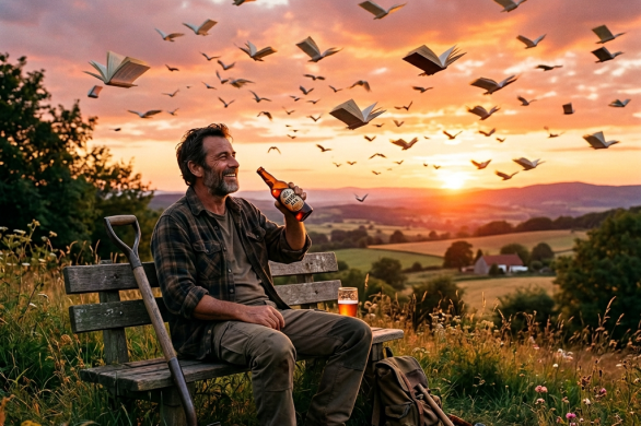 Man sitting on a bench holding a drink with flying books in the sky at sunset