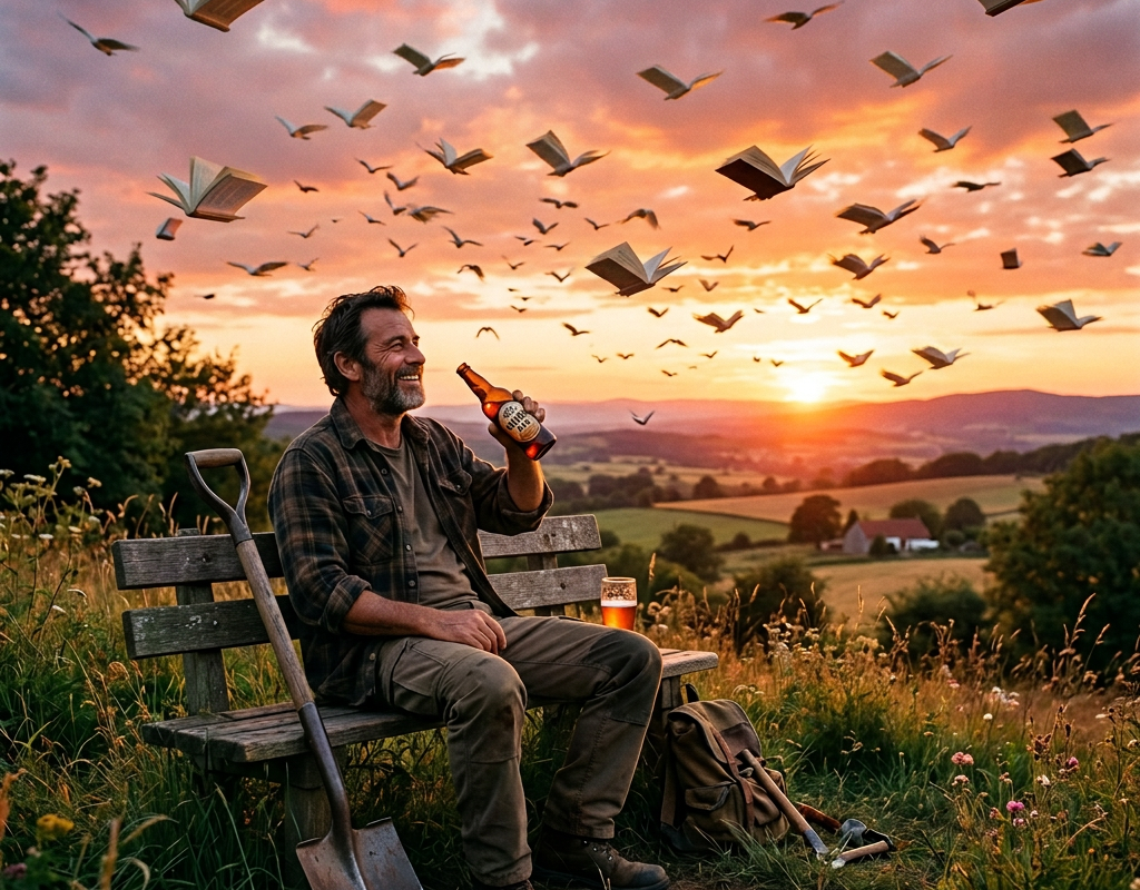 Man sitting on a bench holding a drink with flying books in the sky at sunset