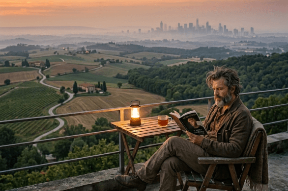 Woman reading a book on a rooftop balcony with city skyline at dusk