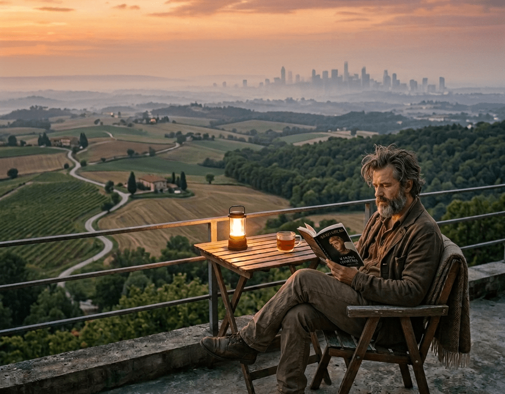 Woman reading a book on a rooftop balcony with city skyline at dusk