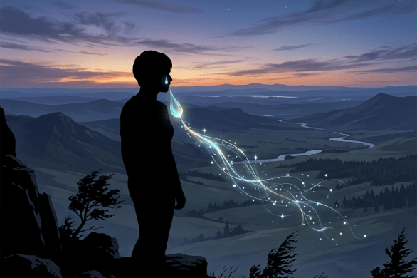 Silhouetted person overlooking mountains as glowing light trails drift into the valley