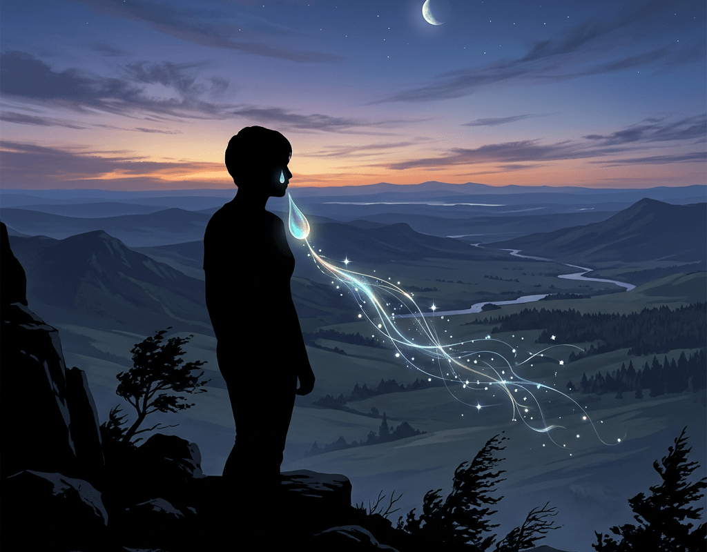 Silhouetted person overlooking mountains as glowing light trails drift into the valley