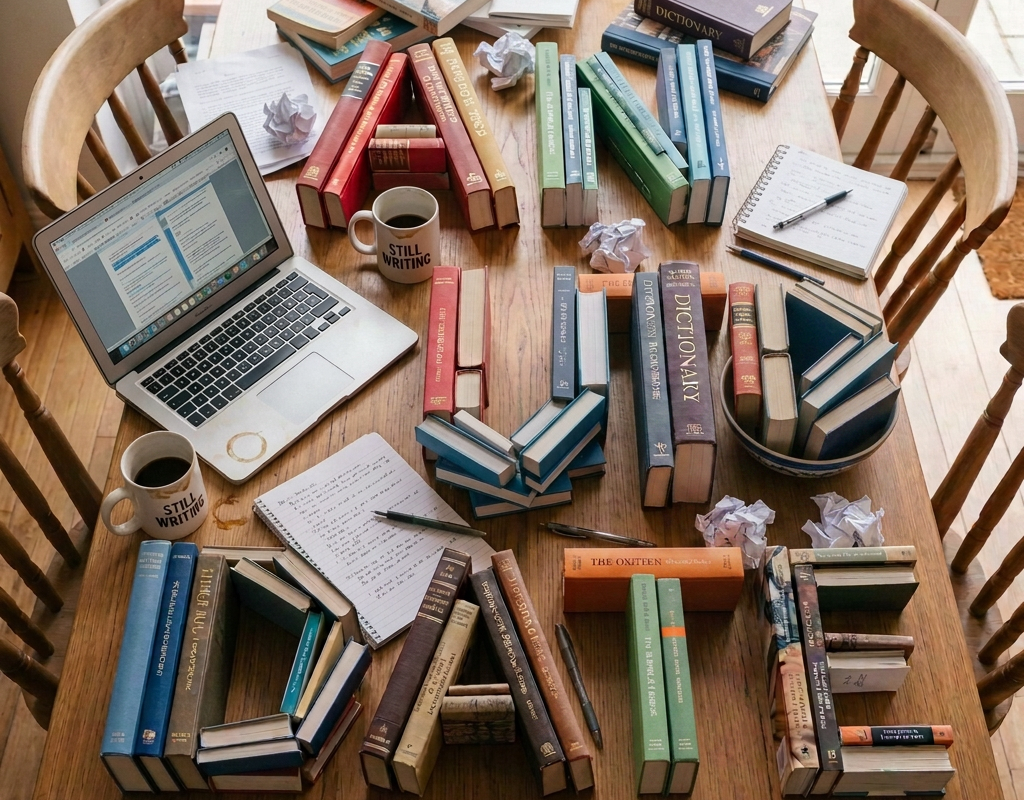 Colorful books arranged in geometric patterns on a wooden dining table