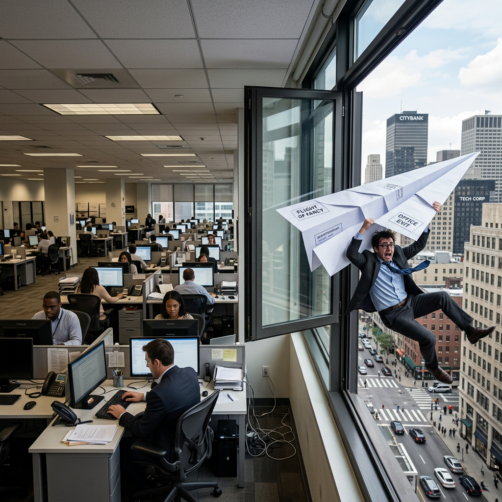 Paper plane carrying office worker past oblivious office