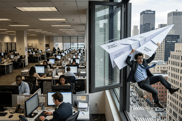 Paper plane carrying office worker past oblivious office