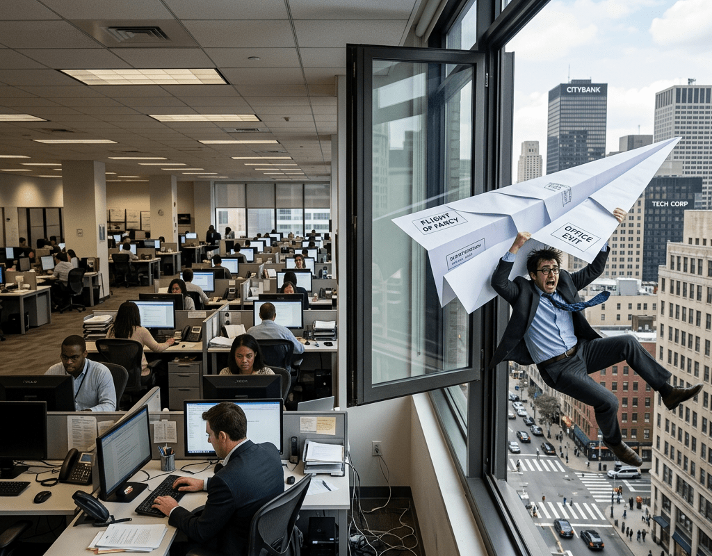 Paper plane carrying office worker past oblivious office