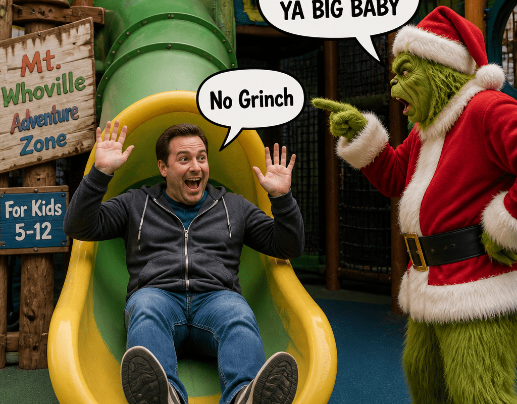 Man on slide and Grinch; signs read “Mt. Whoville Adventure Zone,” “For Kids 5-12,” “No Grinch,” and “GROW UP YA BIG BABY.”