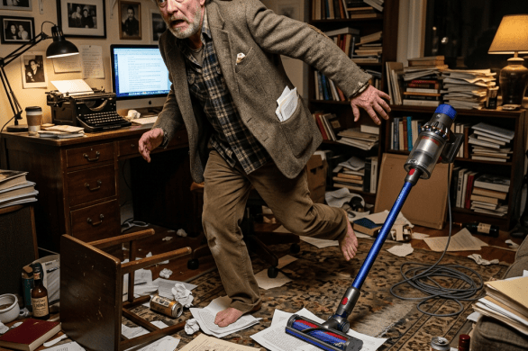 Startled man vacuuming a cluttered study scattered with papers and bottles
