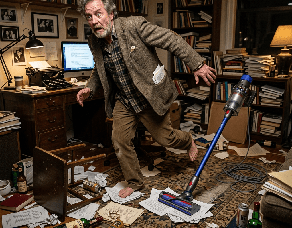 Startled man vacuuming a cluttered study scattered with papers and bottles