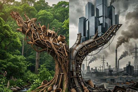 Surreal tree filled with tools amid industrial ruins and skyscrapers