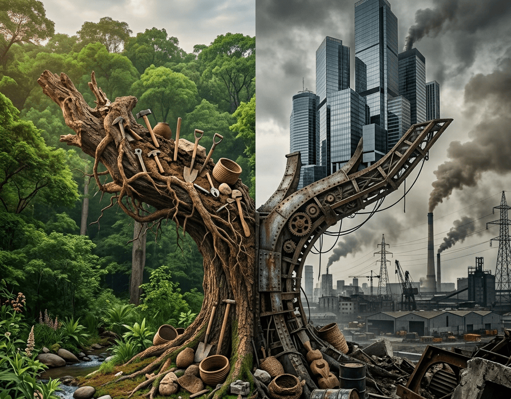 Surreal tree filled with tools amid industrial ruins and skyscrapers