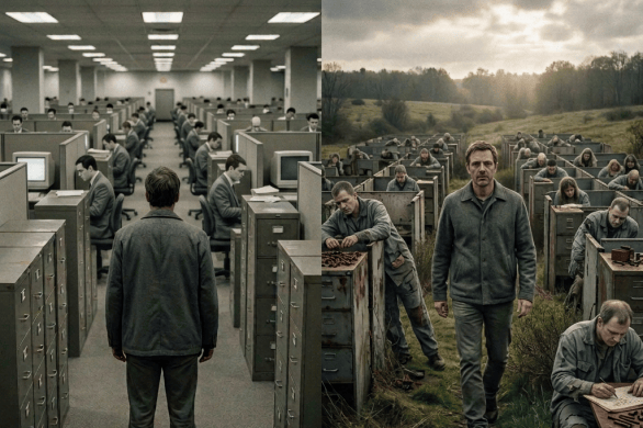 Person standing among office filing cabinets beside abandoned cabinets in a field