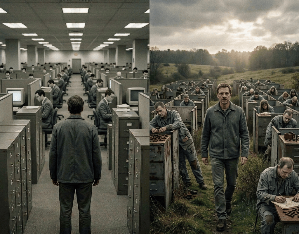 Person standing among office filing cabinets beside abandoned cabinets in a field