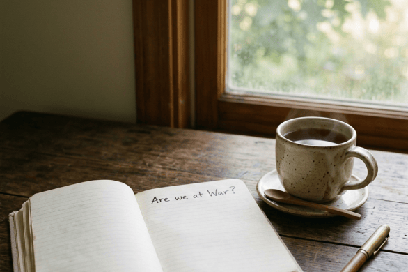Open notebook reading “Are we at War?” beside coffee cup and pen