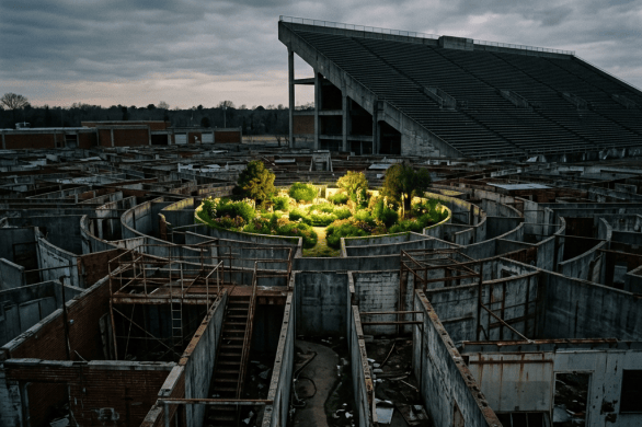 Circular flower garden surrounded by abandoned concrete corridors beneath a stadium grandstand