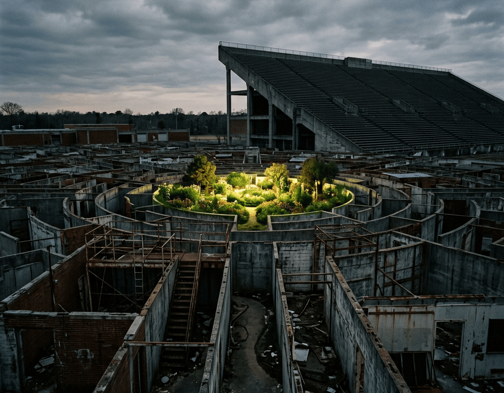 Circular flower garden surrounded by abandoned concrete corridors beneath a stadium grandstand