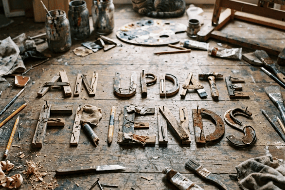 Wooden letters spell “AN IDEA” and “FRIENDS” on an artist’s workbench