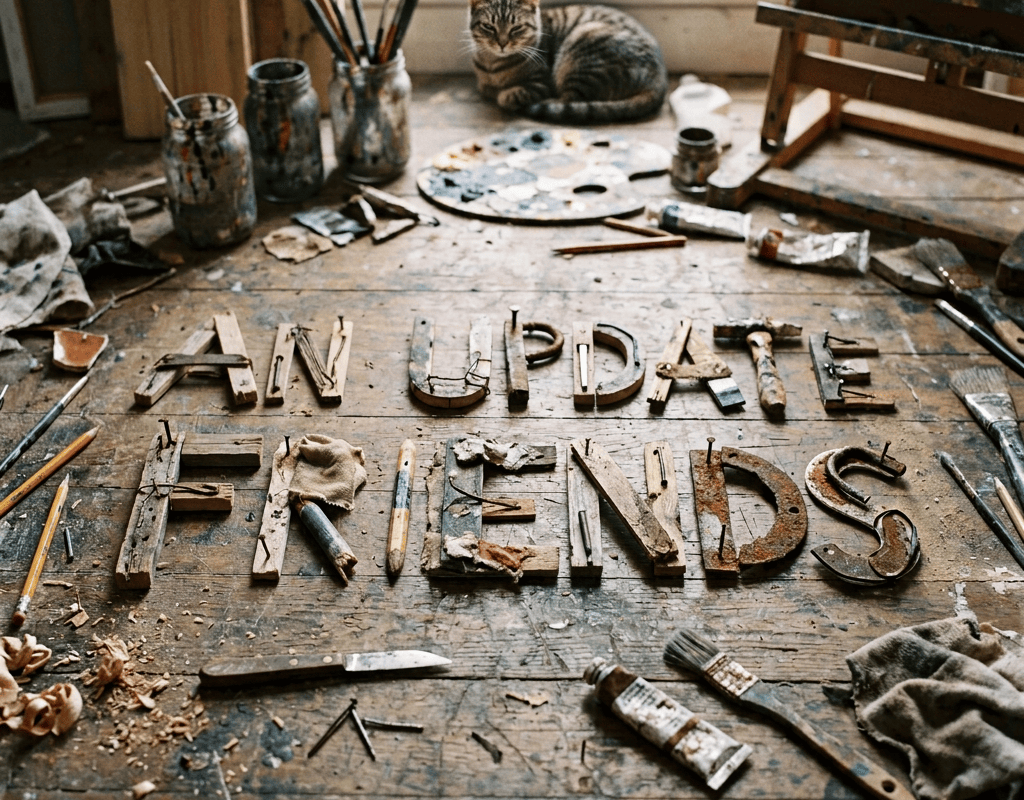 Wooden letters spell “AN IDEA” and “FRIENDS” on an artist’s workbench